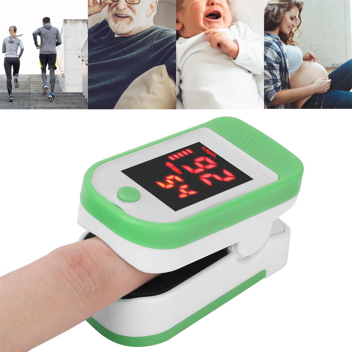 Ein Pulsoximeter an einem Finger, mit Bildern von Läufer, Älteren, Baby und Schwangerer.