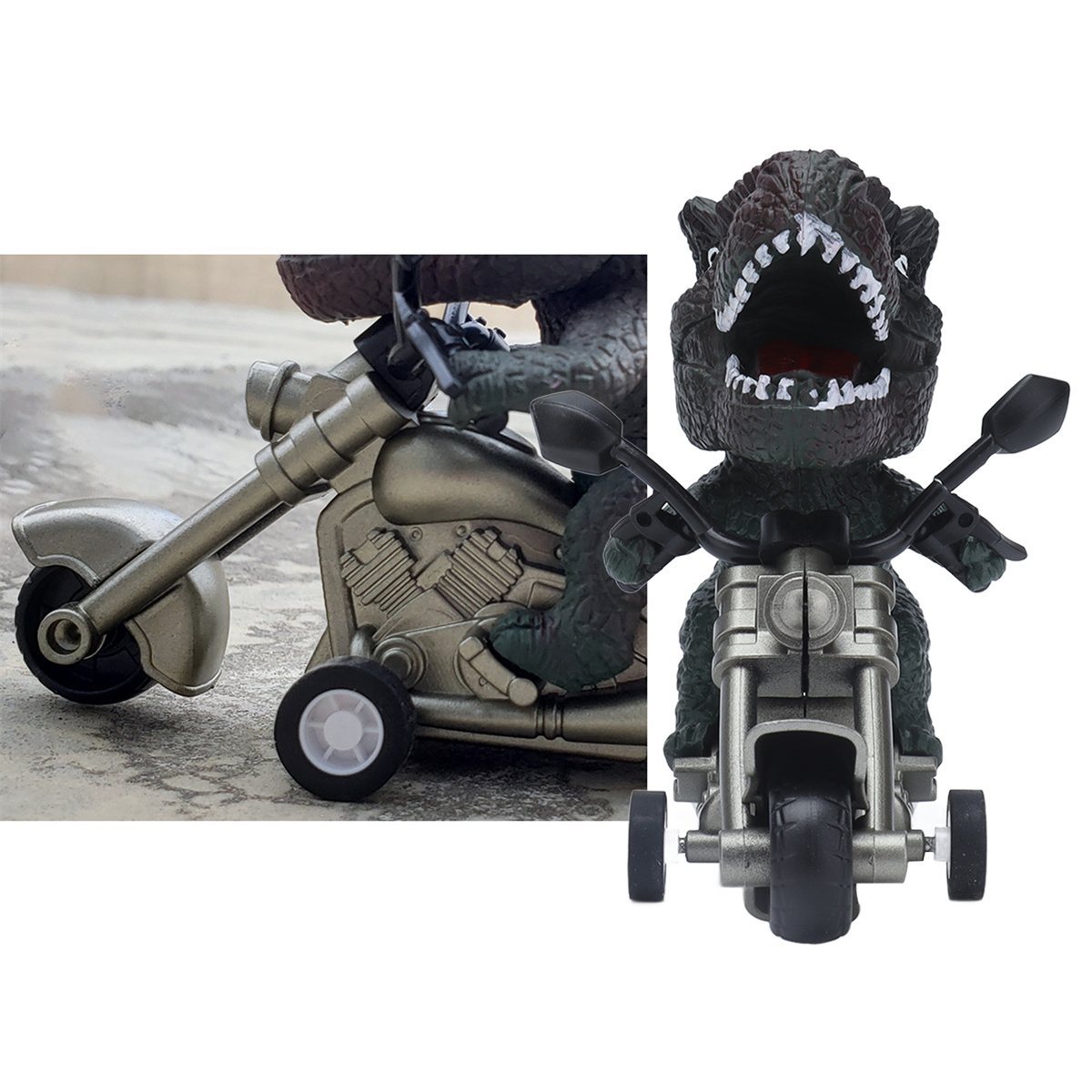 Spielzeug-Dinosaurier auf einem Motorrad. Der Dinosaurier ist grün und grau.