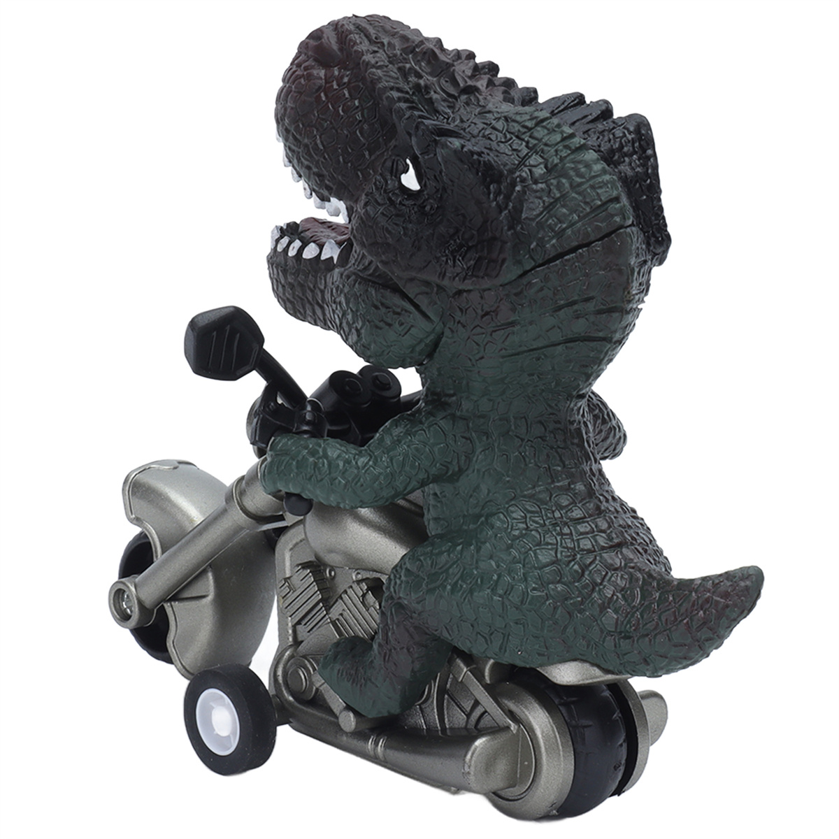 Ein grüner Dinosaurier, der Motorrad fährt, mit grinsendem Gesicht.