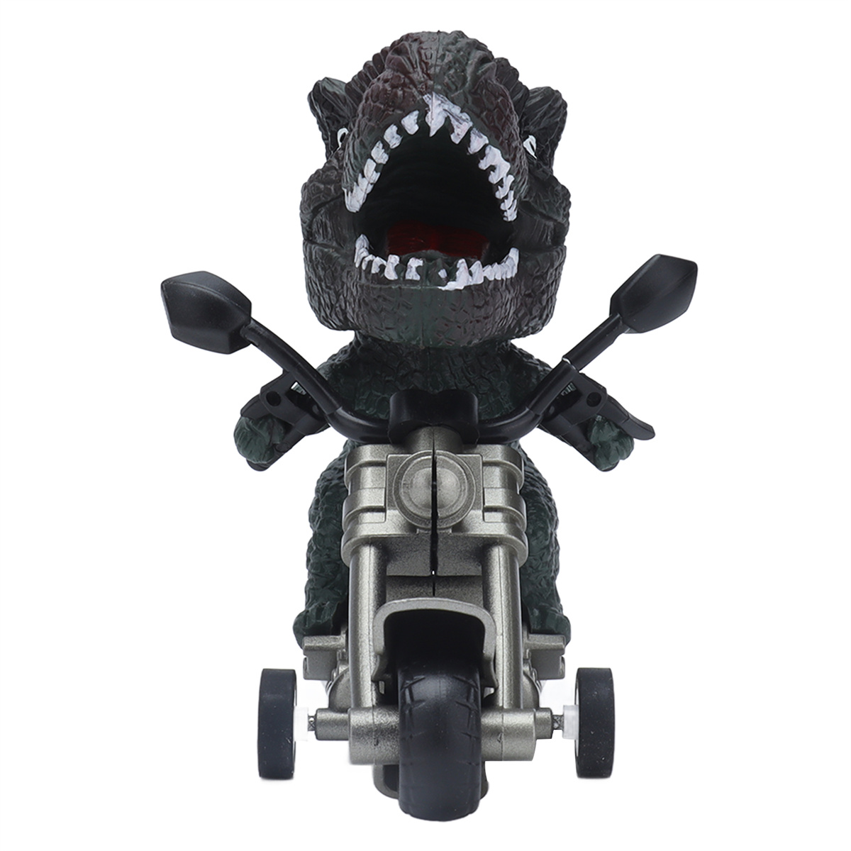 Spielzeug-Dinosaurier fährt Motorrad. Grüner Dinosaurier mit offenem Mund auf einem silbernen Motorrad mit schwarzen Rädern.