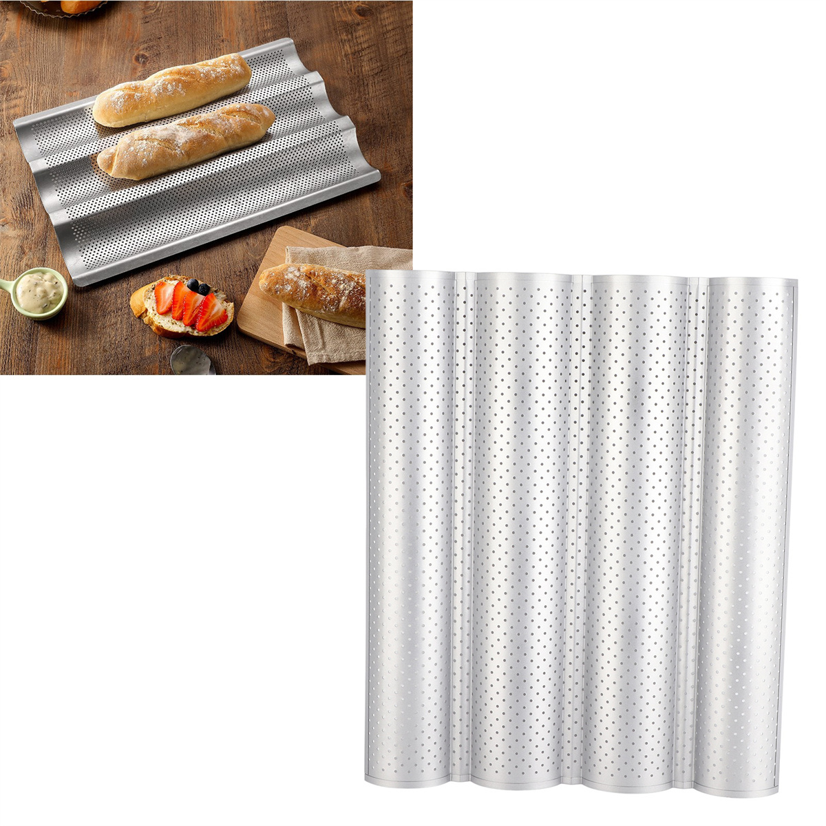 Metall-Baguette-Backform mit geschnittenem Baguette und Gewürzen.