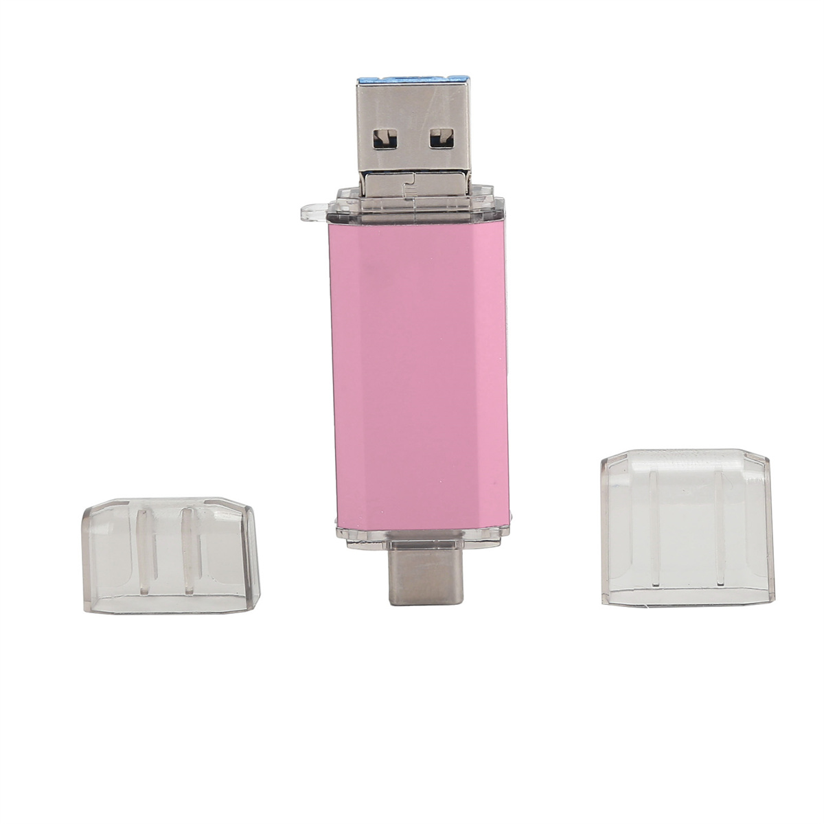 Rosa USB-Stick mit Kappen. Weißer Hintergrund.