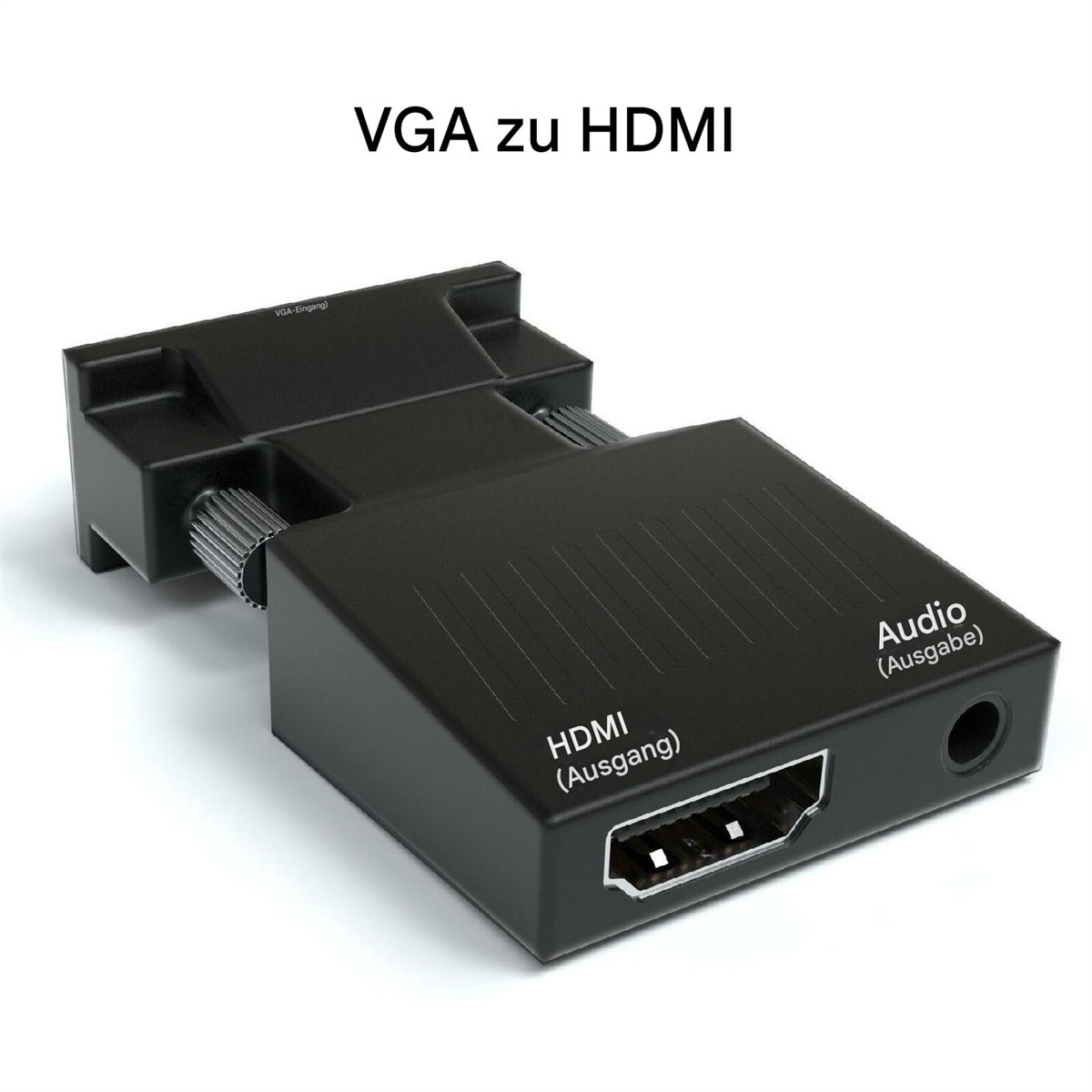 Ein schwarzer VGA-zu-HDMI-Adapter mit Textbeschriftungen: VGA-Eingang, HDMI-Ausgang und Audio.