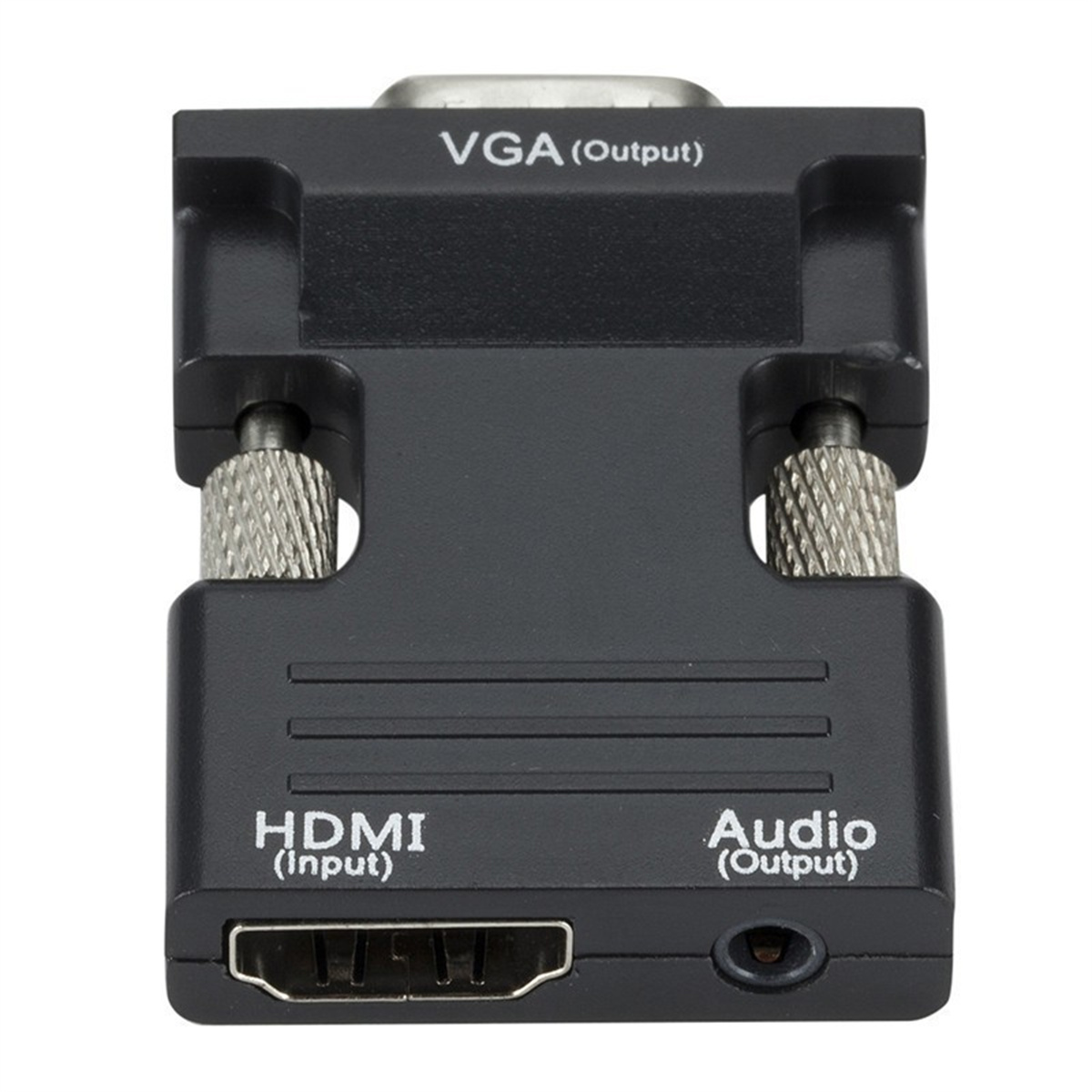 Ein schwarzer HDMI-zu-VGA-Adapter mit HDMI-, VGA- und Audioanschlüssen.