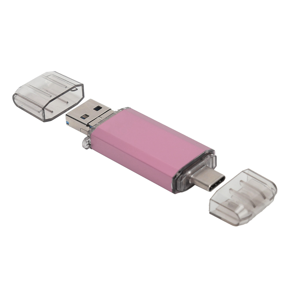 Ein rosa USB-Stick mit offenen Kappen, der einen USB- und einen USB-C-Anschluss zeigt, liegt auf einer weißen Oberfläche.