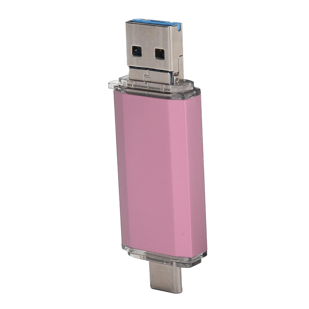 Ein rosa USB-Stick mit blauem USB-Anschluss, vor weißem Hintergrund.