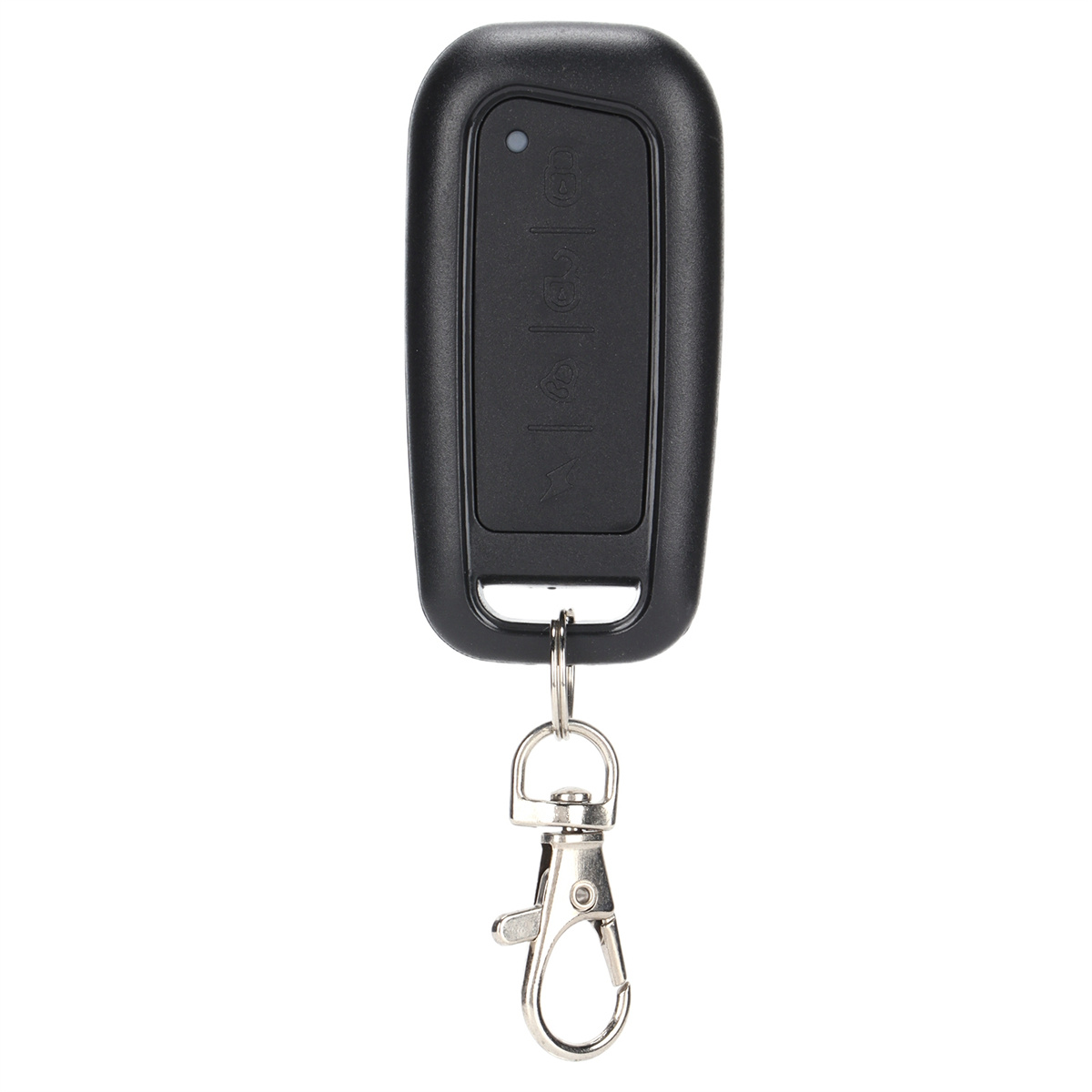 Schwarze Autoschlüssel-Fernbedienung mit drei Tasten und einem Metall-Schlüsselanhänger.