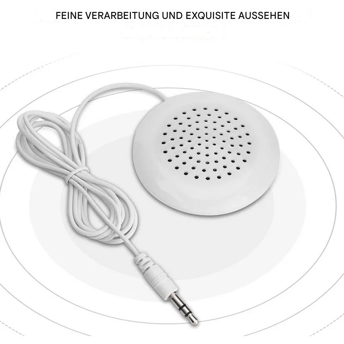 Weißer Lautsprecher mit kleinen Löchern und einem Draht. Der Text oben lautet: Feine Verarbeitung und exquisites Aussehen.
