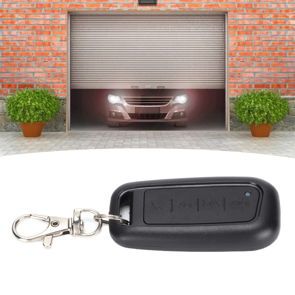 Ein Auto in einer Garage. Eine schwarze Fernbedienung für das Auto befindet sich im Vordergrund.