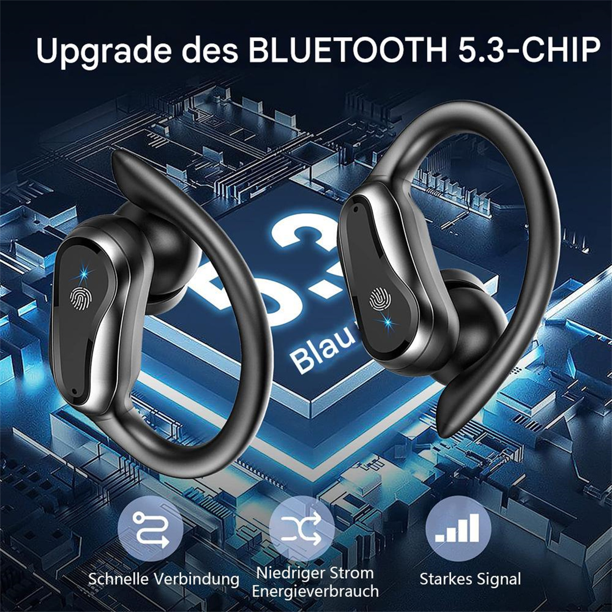 Schwarze Bluetooth-Ohrhörer mit weißem Text.