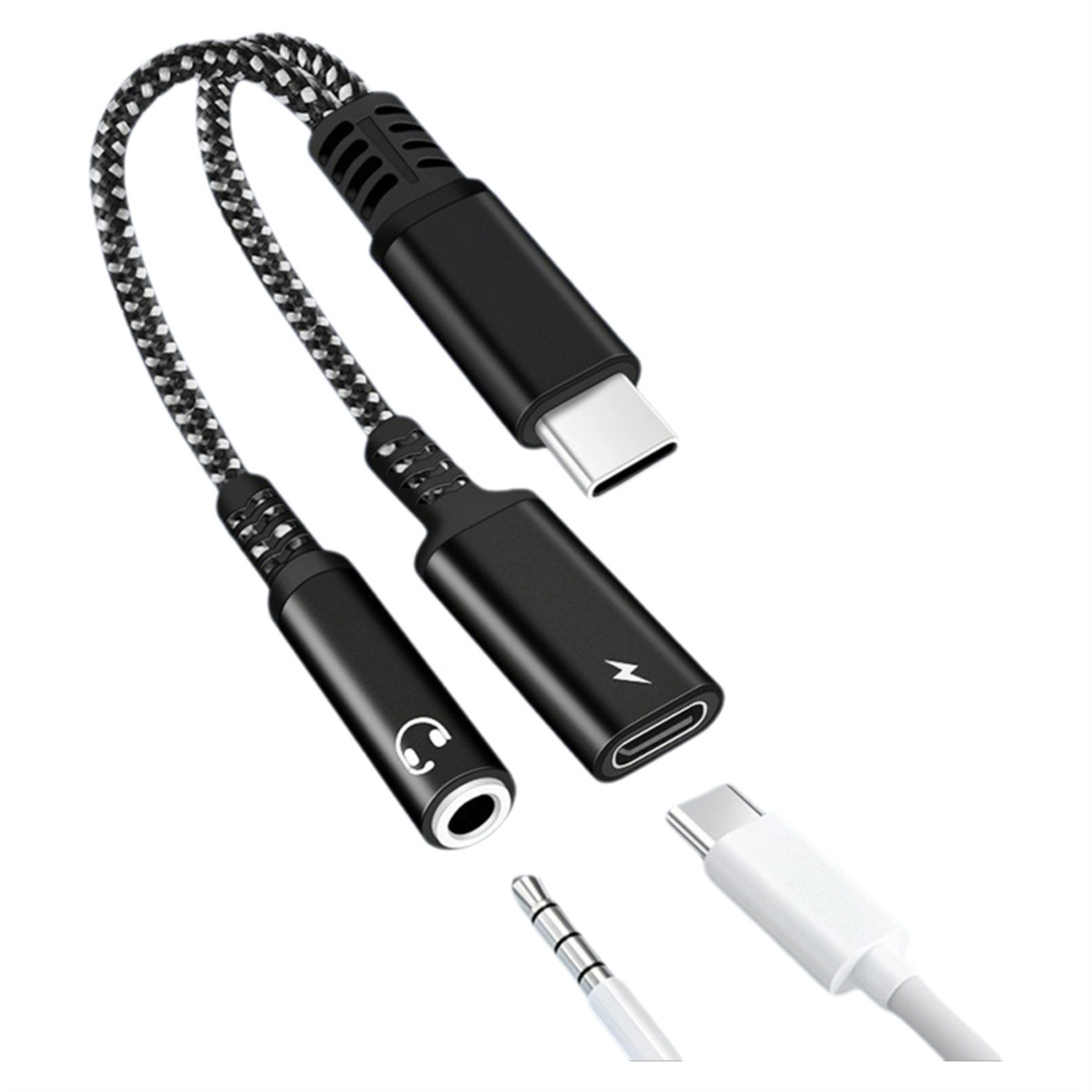 Ein schwarzer und silberner Adapter mit USB-C- und Aux-Anschlüssen und einem weißen USB-C-Anschluss.