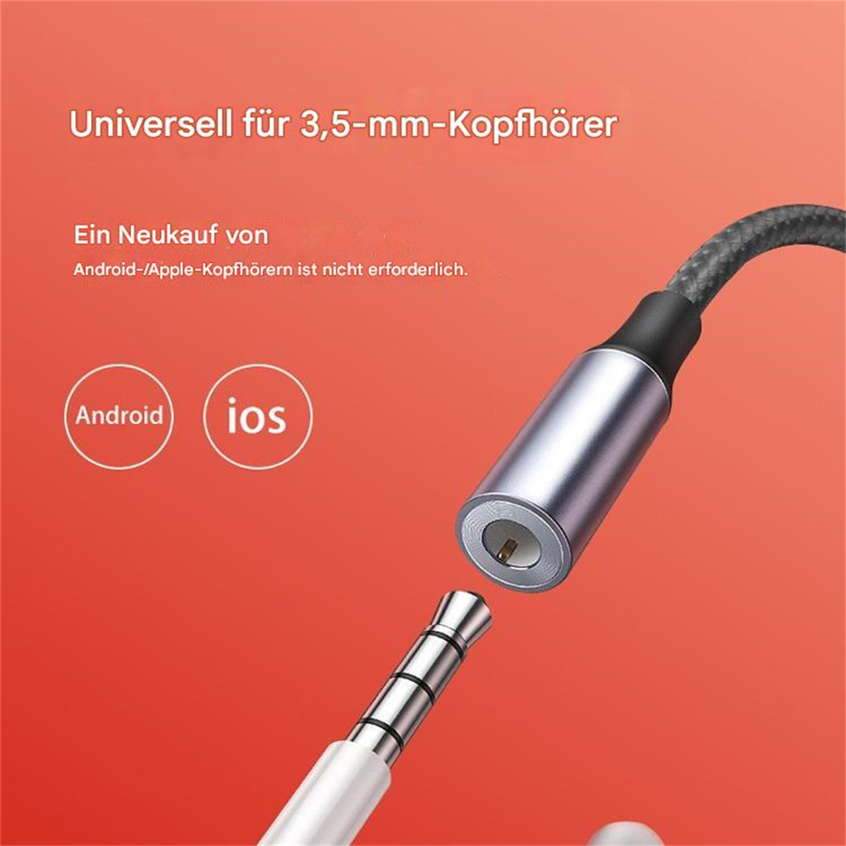 Ein Audioadapter mit 3,5-mm-Klinke und USB-C-Anschluss. Er ist auf rotem Hintergrund.