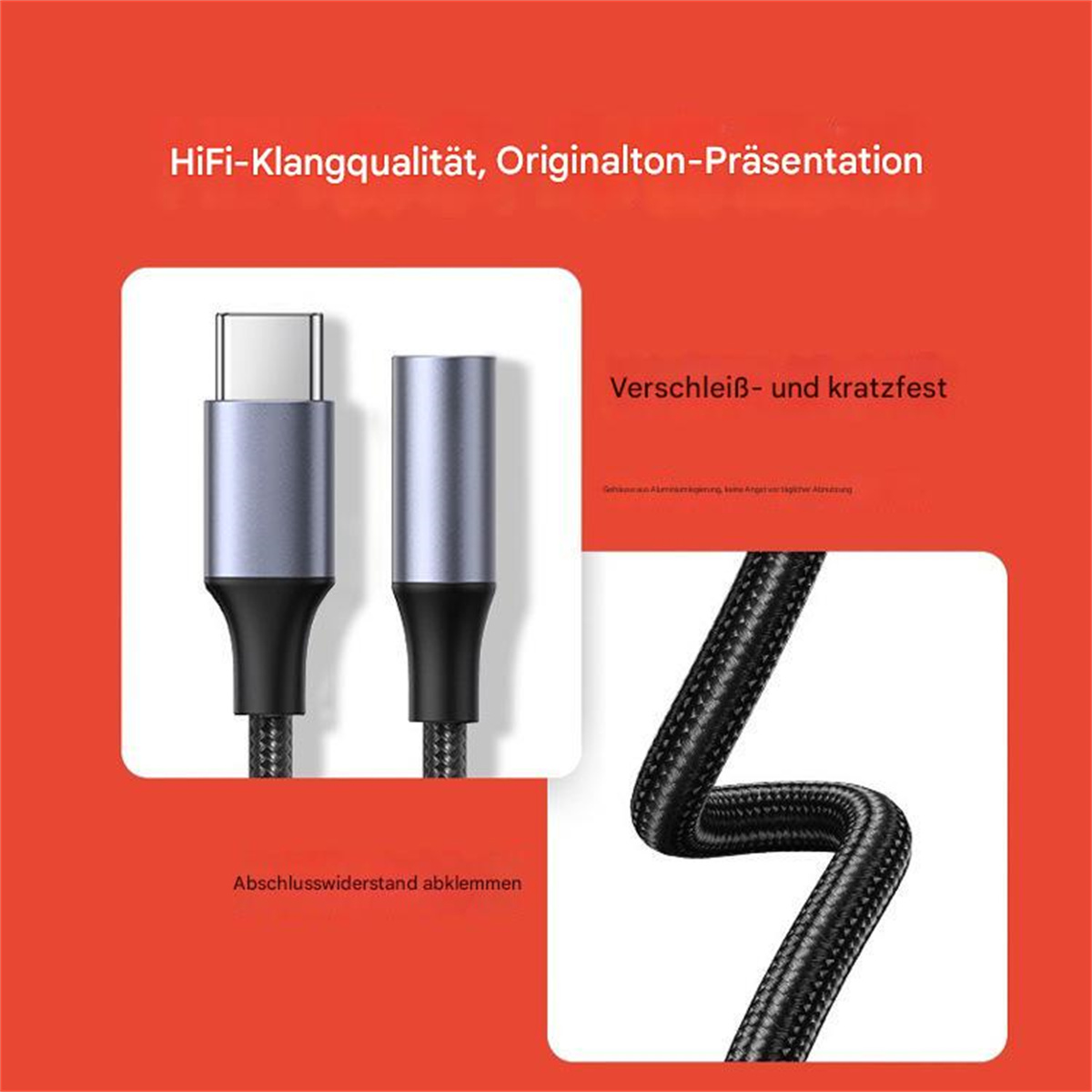 Zwei USB-C-Kabel und ein wellenförmiges Kabel auf rotem Hintergrund. Text: HiFi-Klangqualität, verschleißfest.