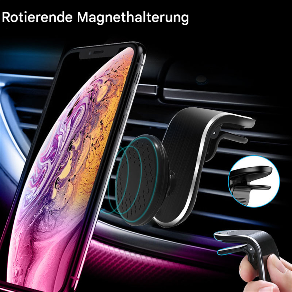 Telefon an einer magnetischen Lüftungshalterung für das Auto befestigt. Die Halterung ist schwarz.