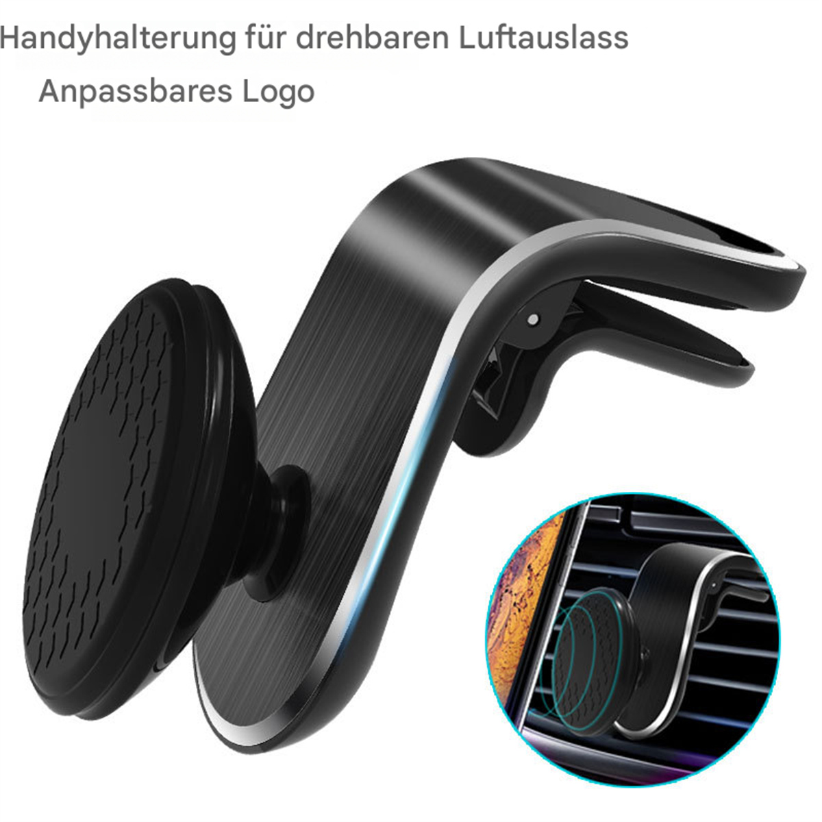 Schwarzer Autotelefonhalter mit verstellbarem Design und Magnetbefestigung. Inset zeigt Telefon in der Lüftung.