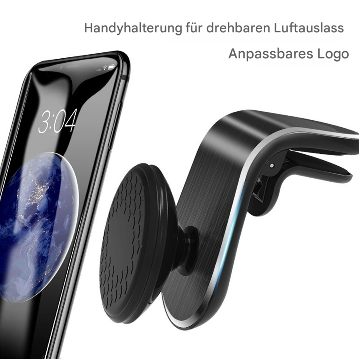 Ein schwarzer Autotelefonhalter mit einem daran befestigten Telefon. Das Telefon zeigt eine Weltkarte.