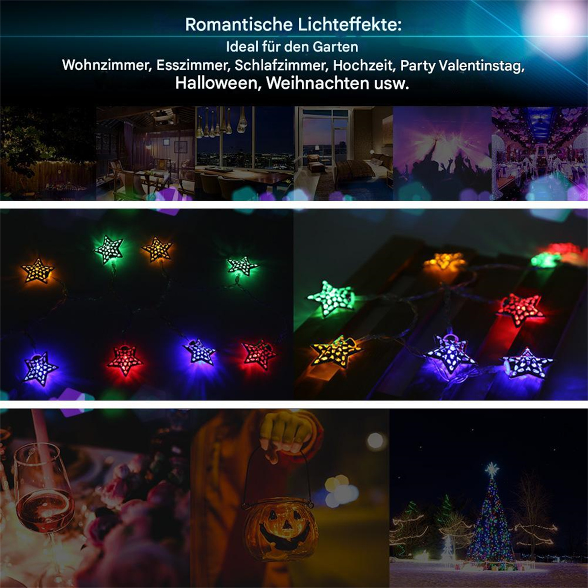 Eine Collage von Szenen mit Lichterketten in verschiedenen Umgebungen, darunter ein Zimmer und ein Garten.