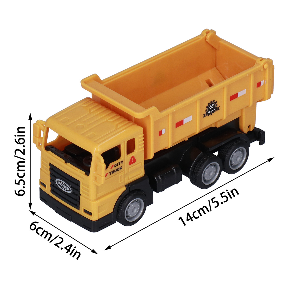 Gelber Spielzeugkipper. Abmessungen: 14 cm/5,5 Zoll lang, 6,5 cm/2,6 Zoll hoch und 6 cm/2,4 Zoll breit.