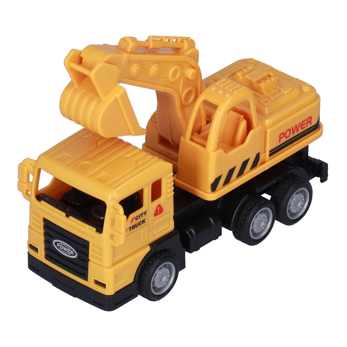 Gelber Spielzeug-Bautruck mit beweglichem Kran und „City Truck“-Etikett an der Seite.