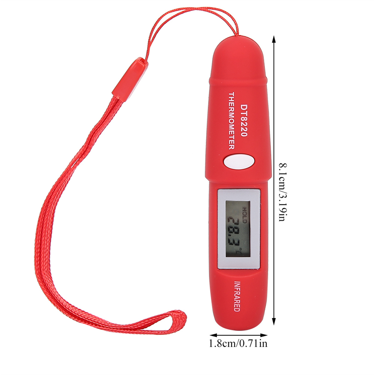 Rotes Infrarot-Thermometer mit Anzeige 28,2. Es hat ein rotes Schlüsselband.