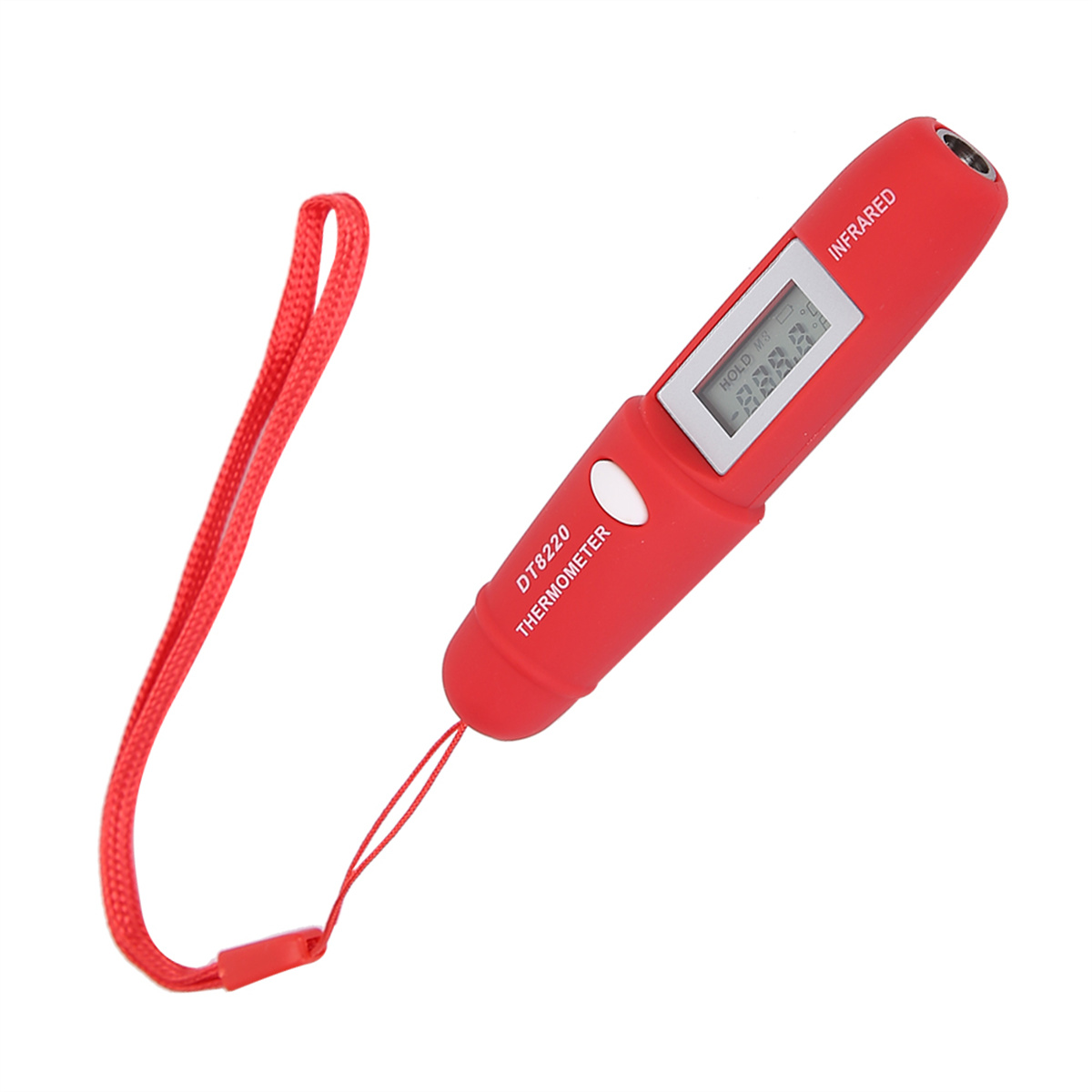 Ein rotes Infrarot-Thermometer mit Display. Ein rotes Handgelenkband ist befestigt.
