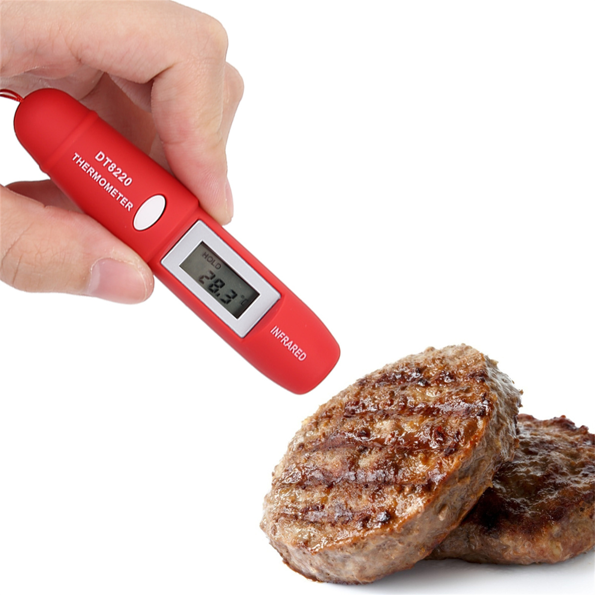 Rotes Thermometer misst 28,3 °C auf einem Burger. Das Thermometer ist DT8220, liest 'HOLD'.