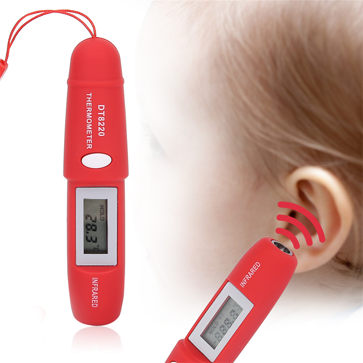 Ein rotes Infrarot-Thermometer zur Messung der Ohrtemperatur mit Digitalanzeige.