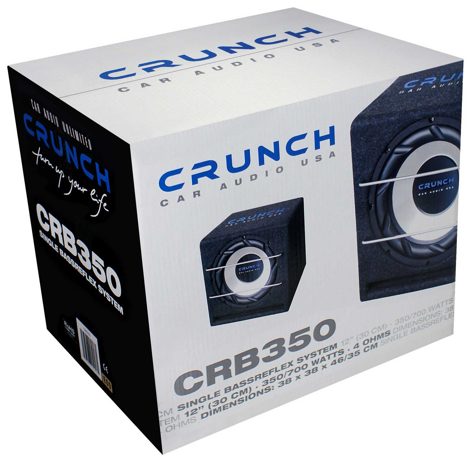 Eine weiß-blaue Schachtel mit dem Namen CRUNCH. Auf der Seite ist ein Bild eines Subwoofers abgebildet.