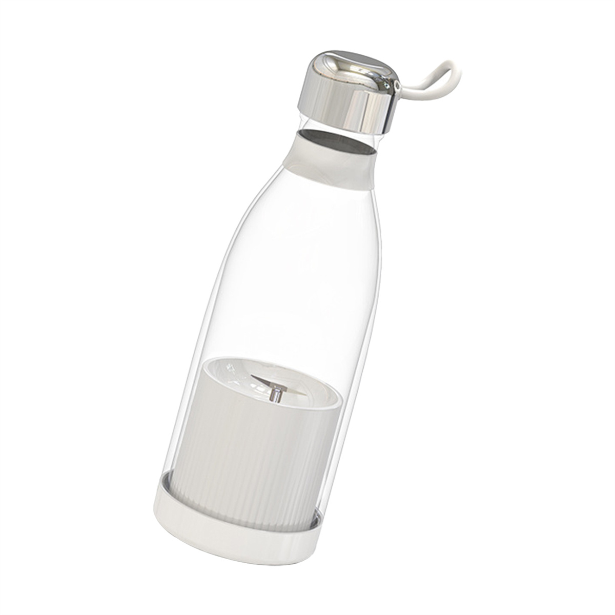 Ein transparenter, tragbarer Mixer mit weißem Sockel. Er steht auf einer weißen Oberfläche.