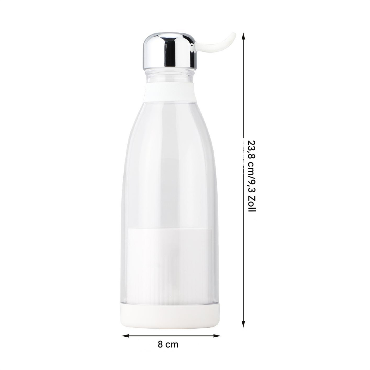 Transparente Plastikwasserflasche mit weißem Boden und Deckel, mit Abmessungen in cm und Zoll.