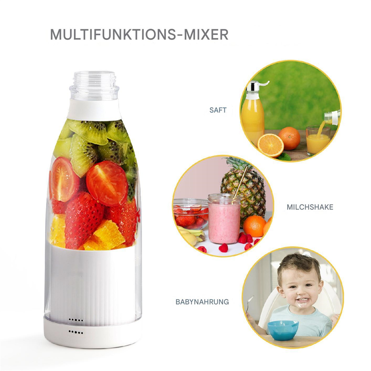Eine Mixflasche gefüllt mit Obst. Zeigt auch Saft, Milchshake und Babynahrung in Kreisen.