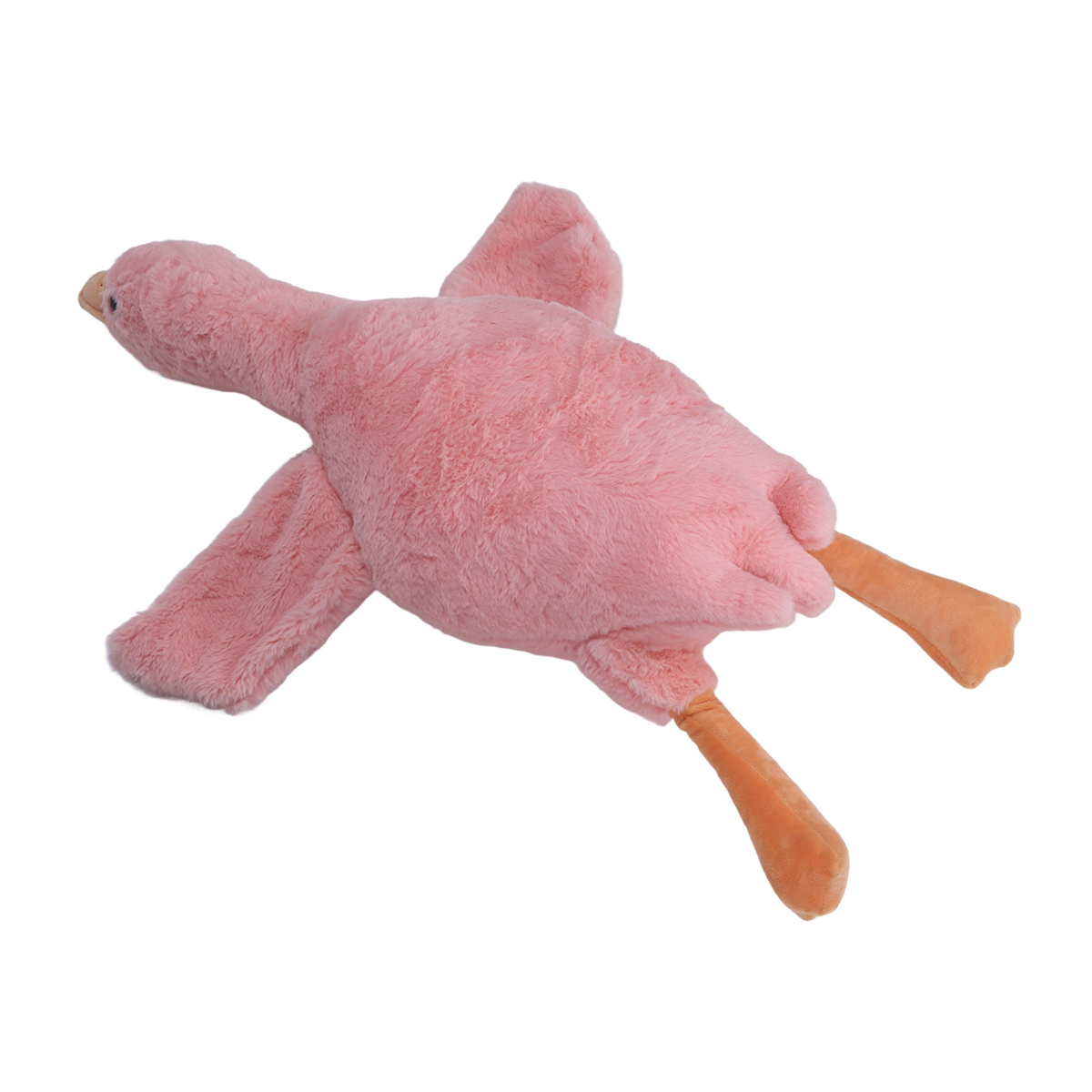 Rosa Plüsch Flamingo Spielzeug mit ausgestreckten Flügeln und orangefarbenen Beinen, liegend auf weißem Hintergrund.