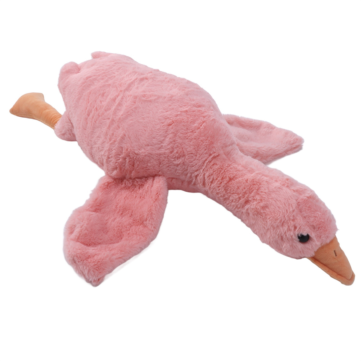 Ein rosa Plüsch-Schwan-Spielzeug, das mit ausgebreiteten Flügeln liegt.