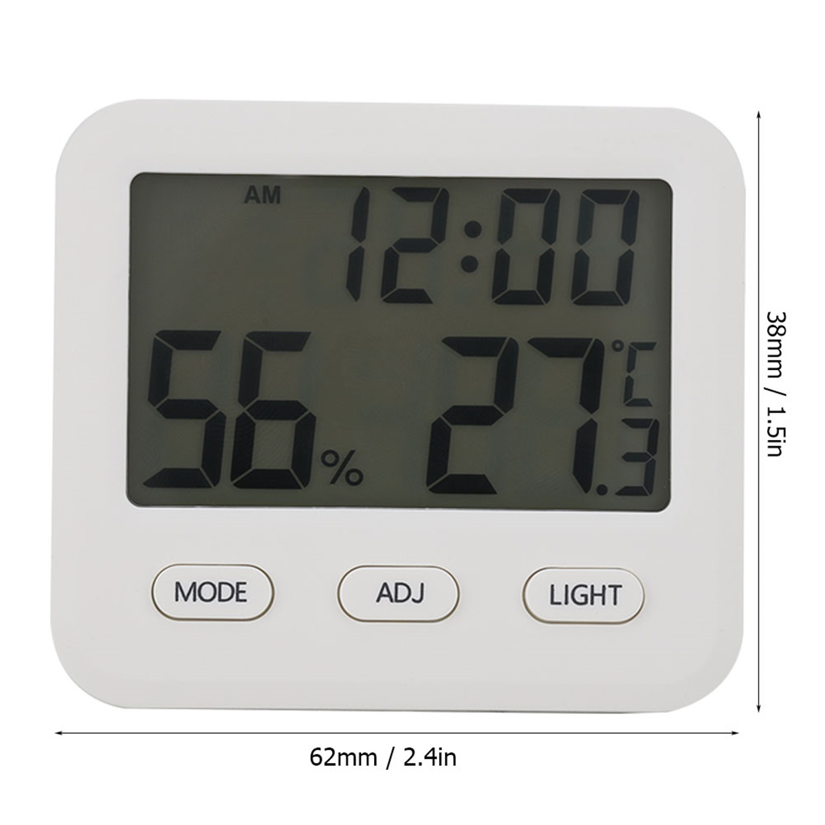 Weiße Digitaluhr mit Anzeige von Zeit, Luftfeuchtigkeit und Temperatur, mit Tasten für Modus, Einstellen und Licht.