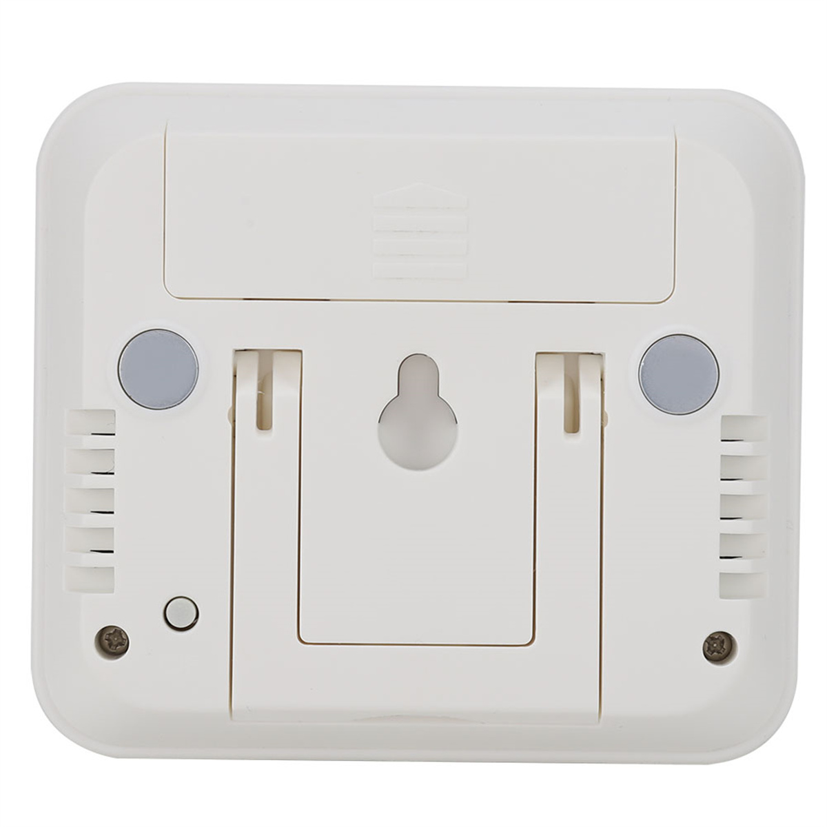 Ein weißer digitaler Küchentimer mit Aufhängeloch, Knöpfen und Ständer auf weißem Hintergrund.
