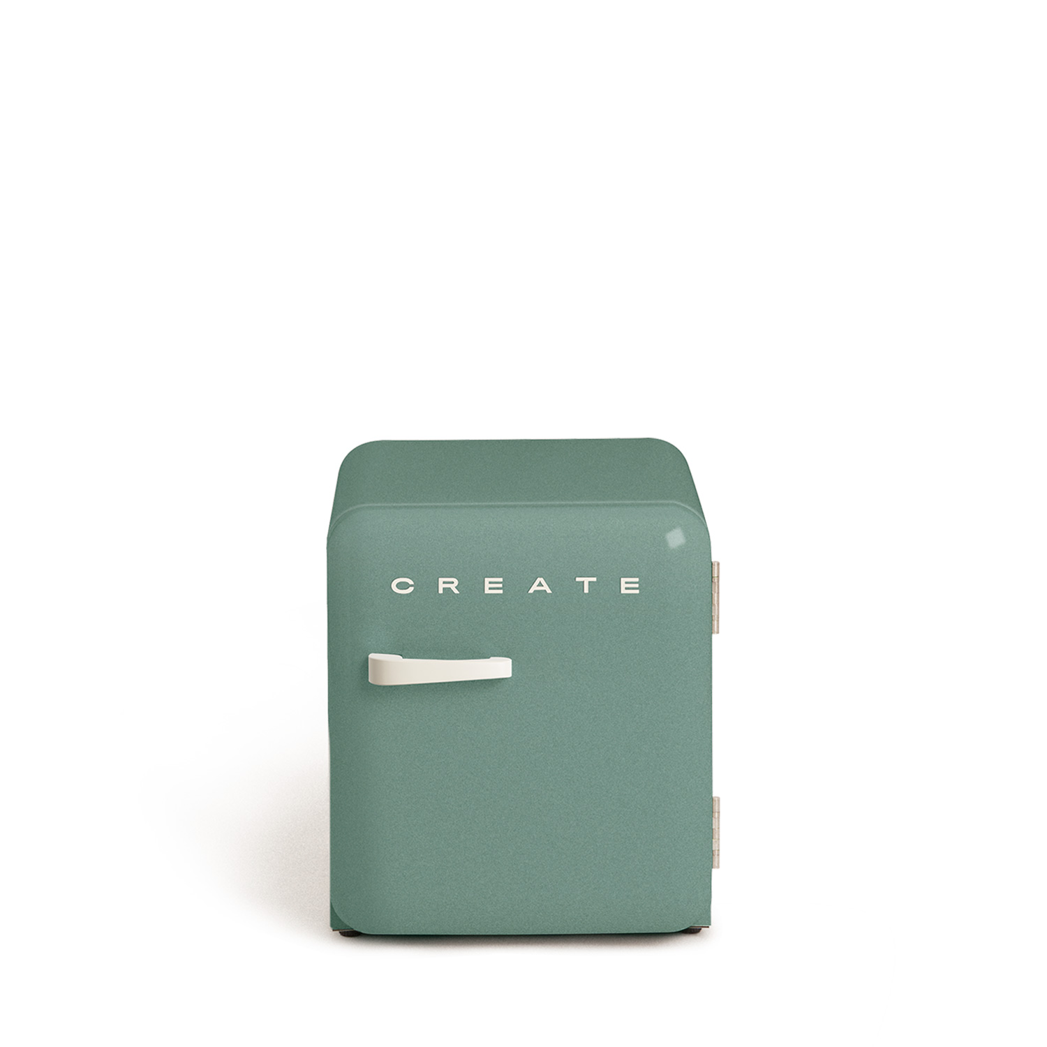 Pequeño refrigerador retro verde azulado con la palabra CREATE en la parte delantera y un asa blanca.