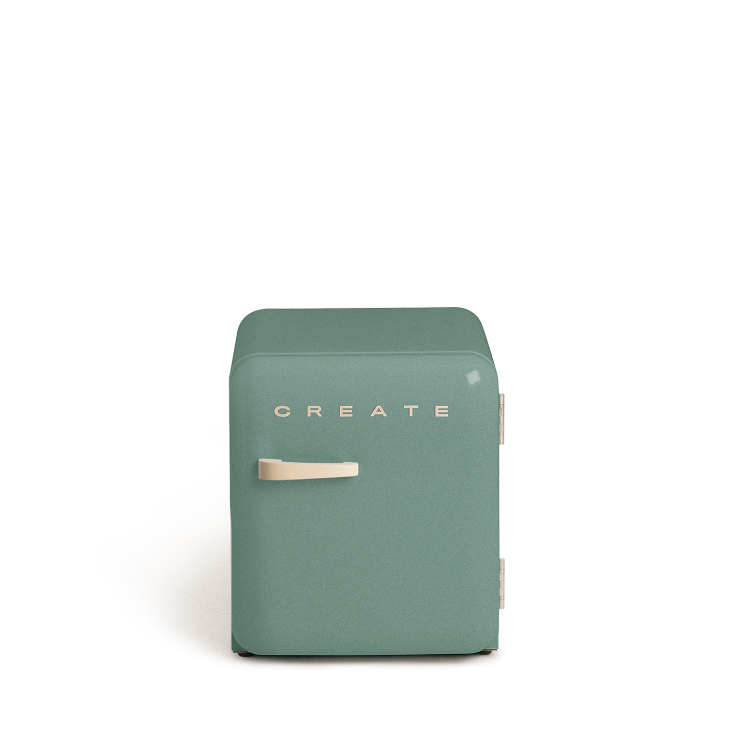 Un frigorífico pequeño, de estilo retro, en color turquesa, con la palabra 'CREATE' en la puerta.
