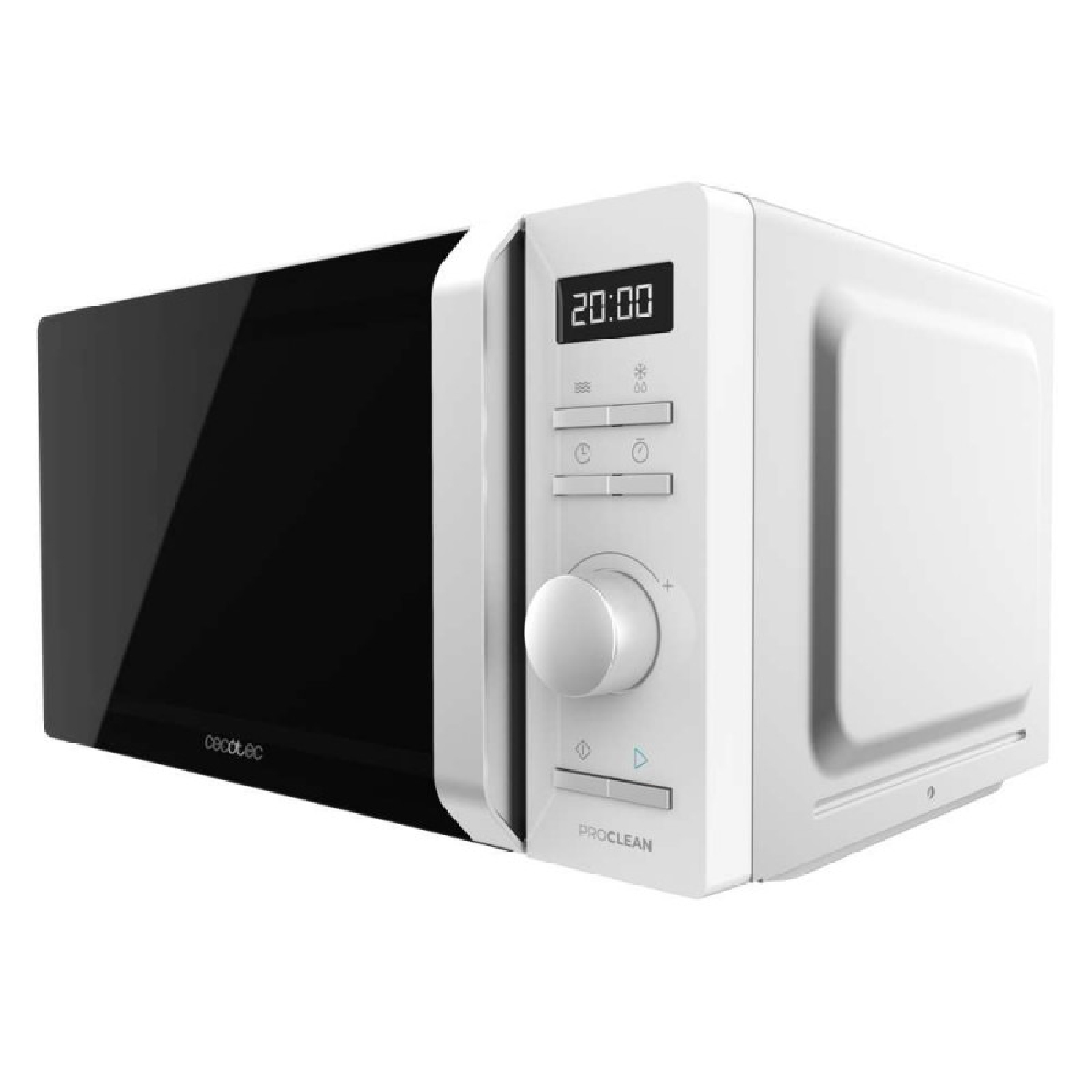 Un microondas blanco con puerta negra y pantalla digital con la hora.