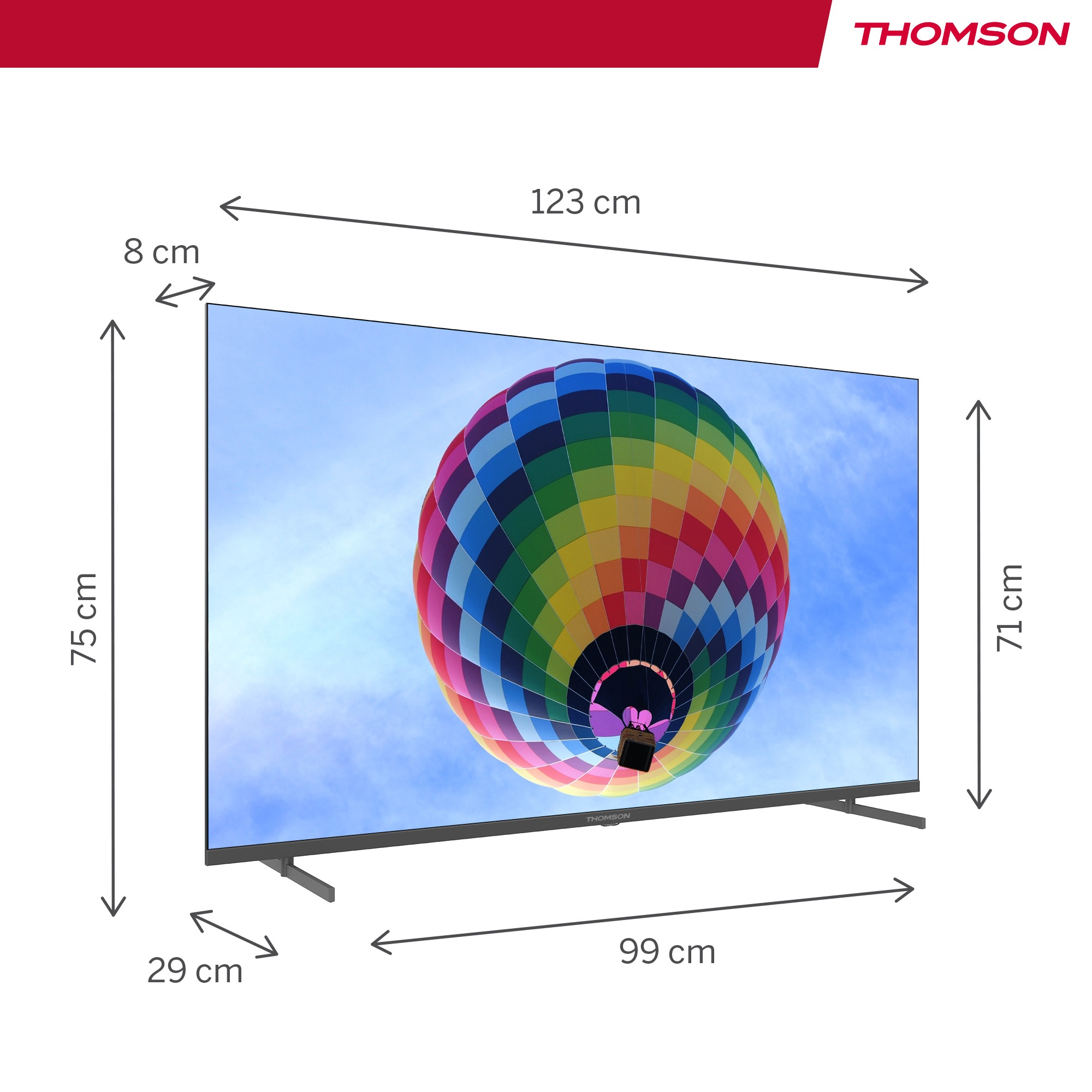 Schermo TV grande con dimensioni, che mostra una mongolfiera colorata.