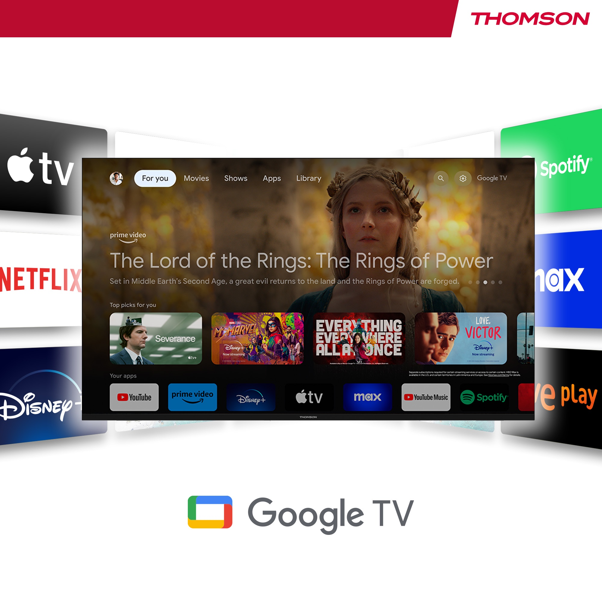 Interfaz de Google TV en una pantalla de TV. Se muestran programas, aplicaciones y películas. Logos Spotify y Netflix.