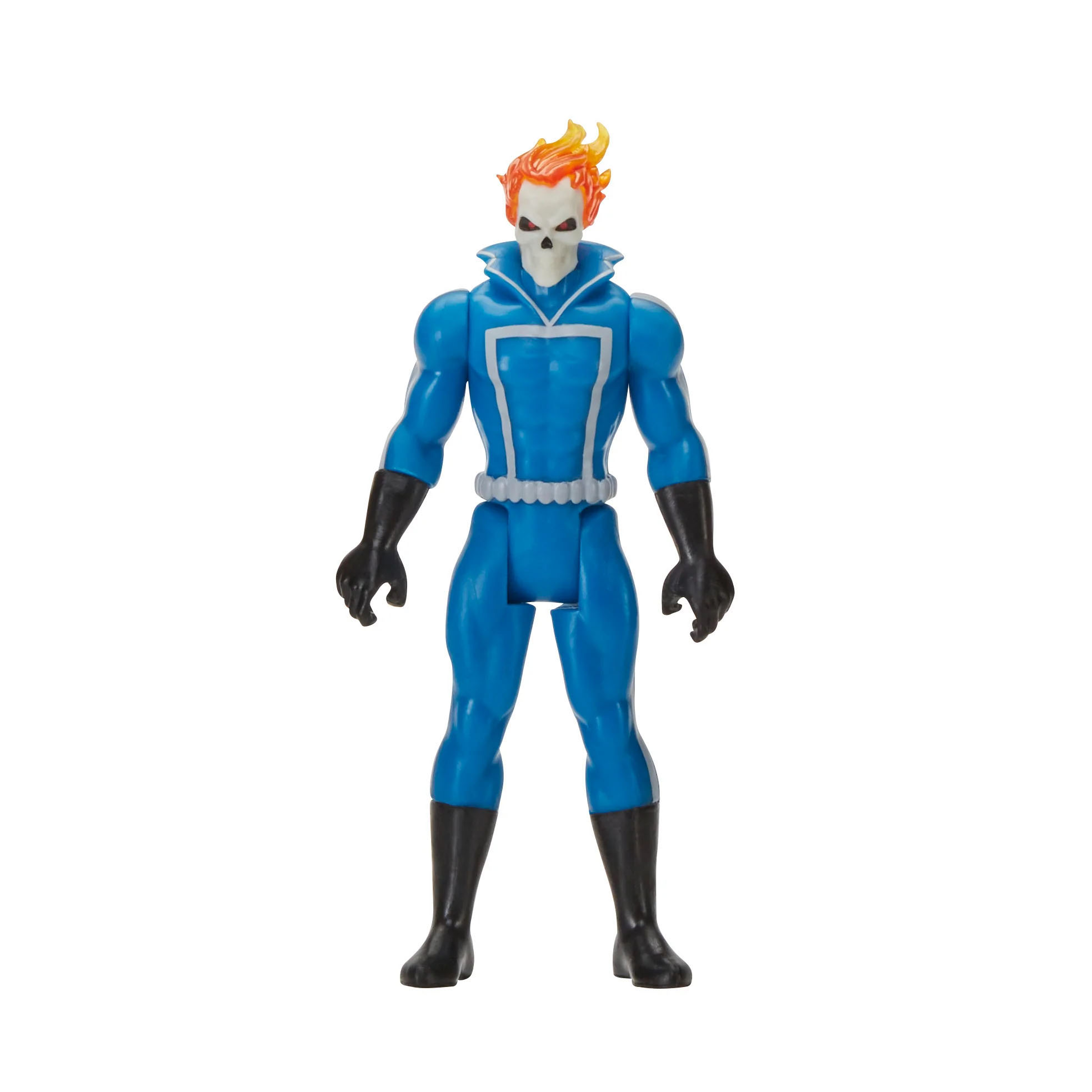 Figura de acción de Ghost Rider en traje azul con cabello naranja en llamas. Cabeza de calavera.