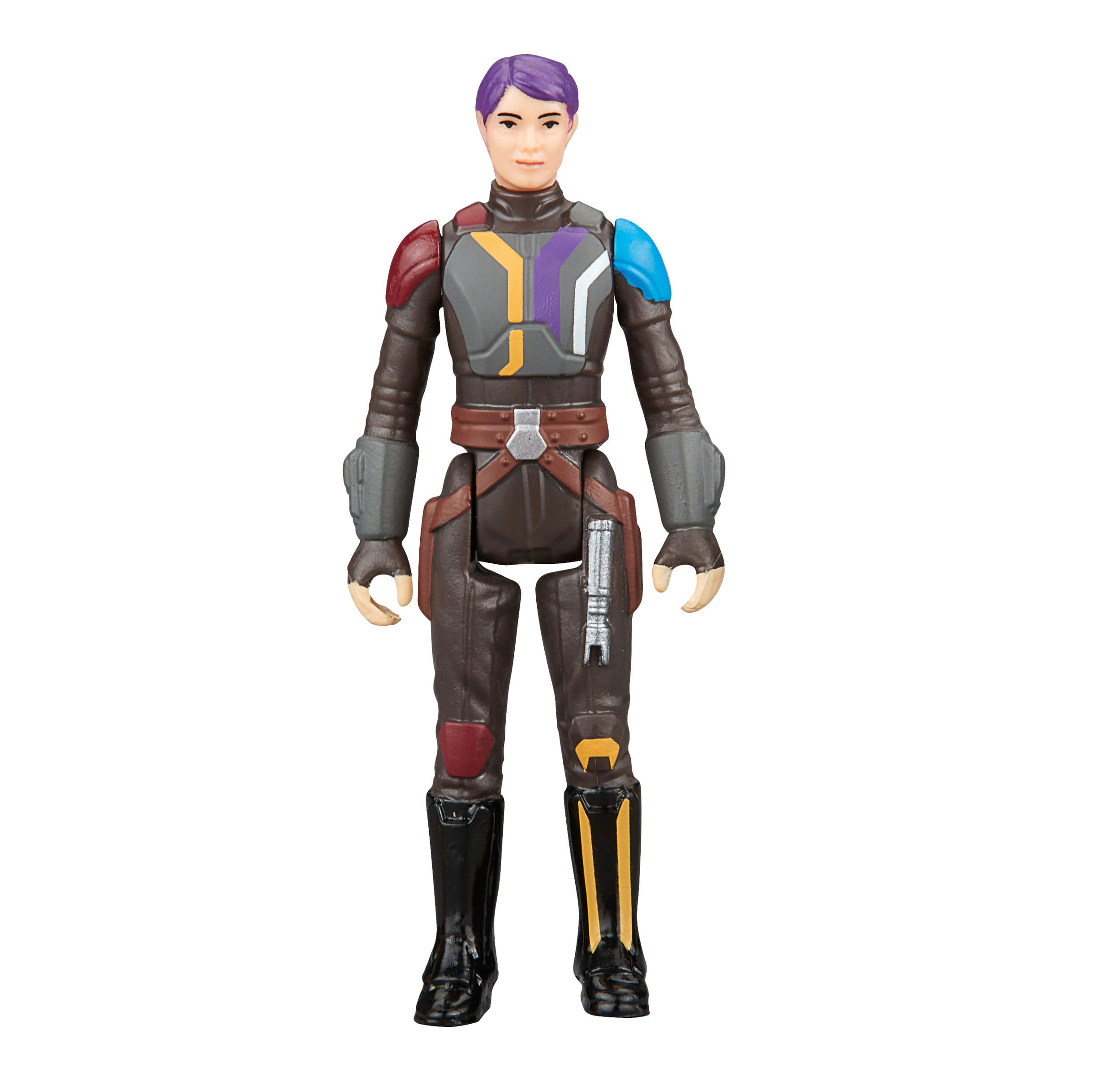 Una figura de acción de Star Wars. Es una figura con pelo morado, armadura colorida, botas negras y una pistola.