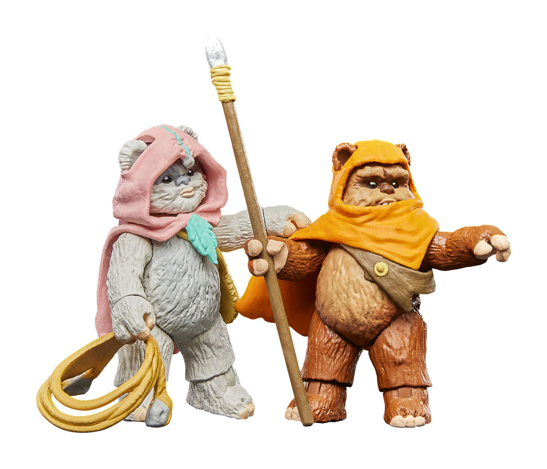 Dwie figurki akcji Ewoks z Gwiezdnych Wojen. Jeden w kolorze różowym, drugi w pomarańczowym. Na białym tle.