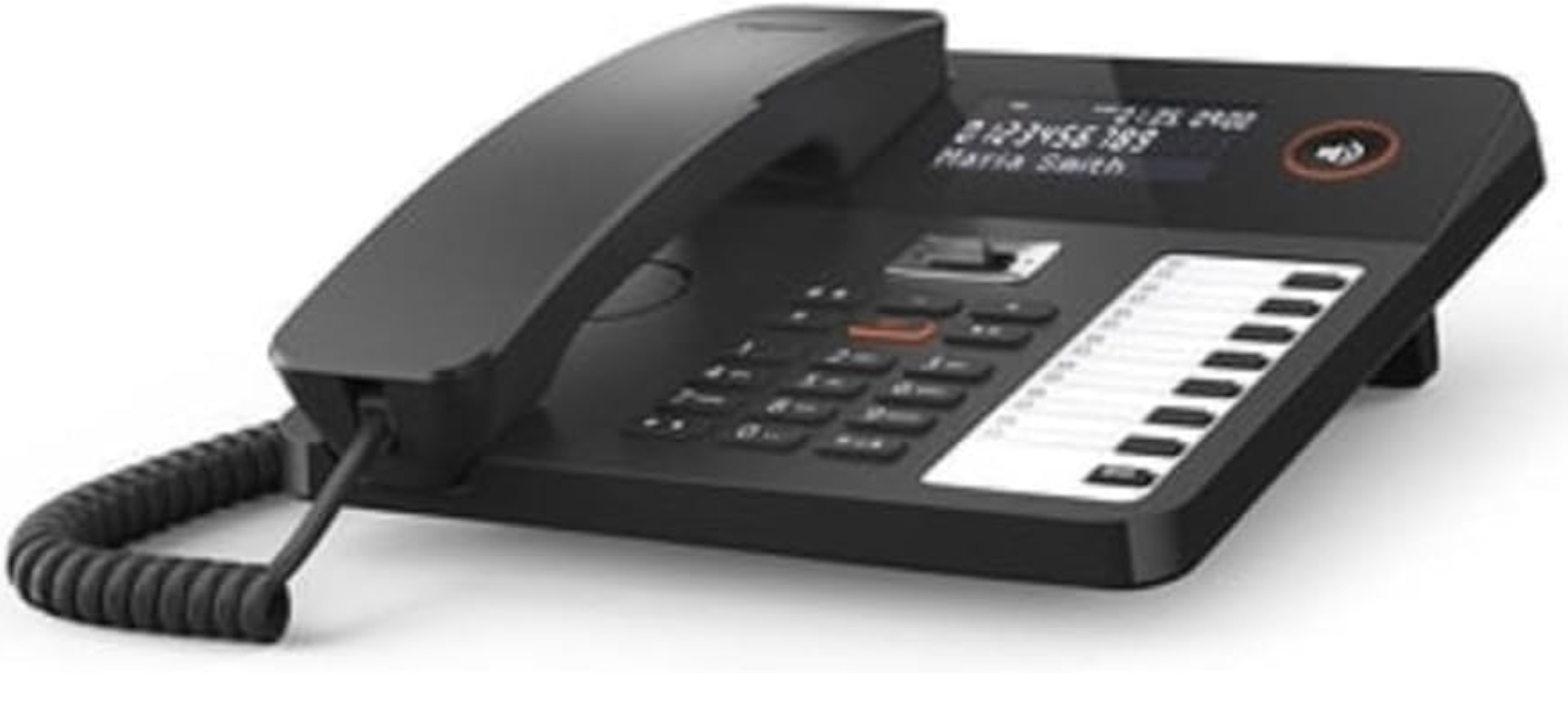 Een zwarte vaste telefoon met een display en nummerknoppen.