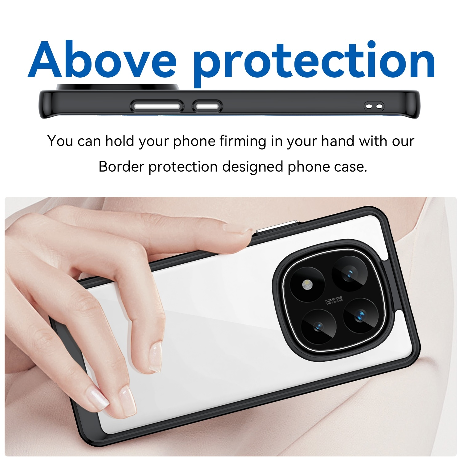 Funda de teléfono con parte trasera transparente y bordes negros; una mujer sosteniéndola.