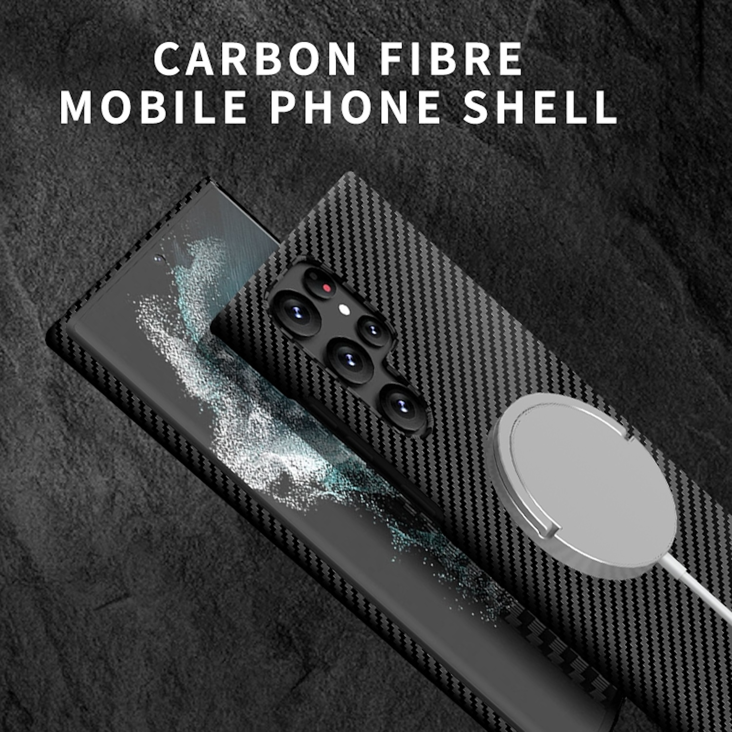 Carbonfaser-Handyhülle mit kabellosem Ladegerät. Das Ladegerät ist kreisförmig und weiß.