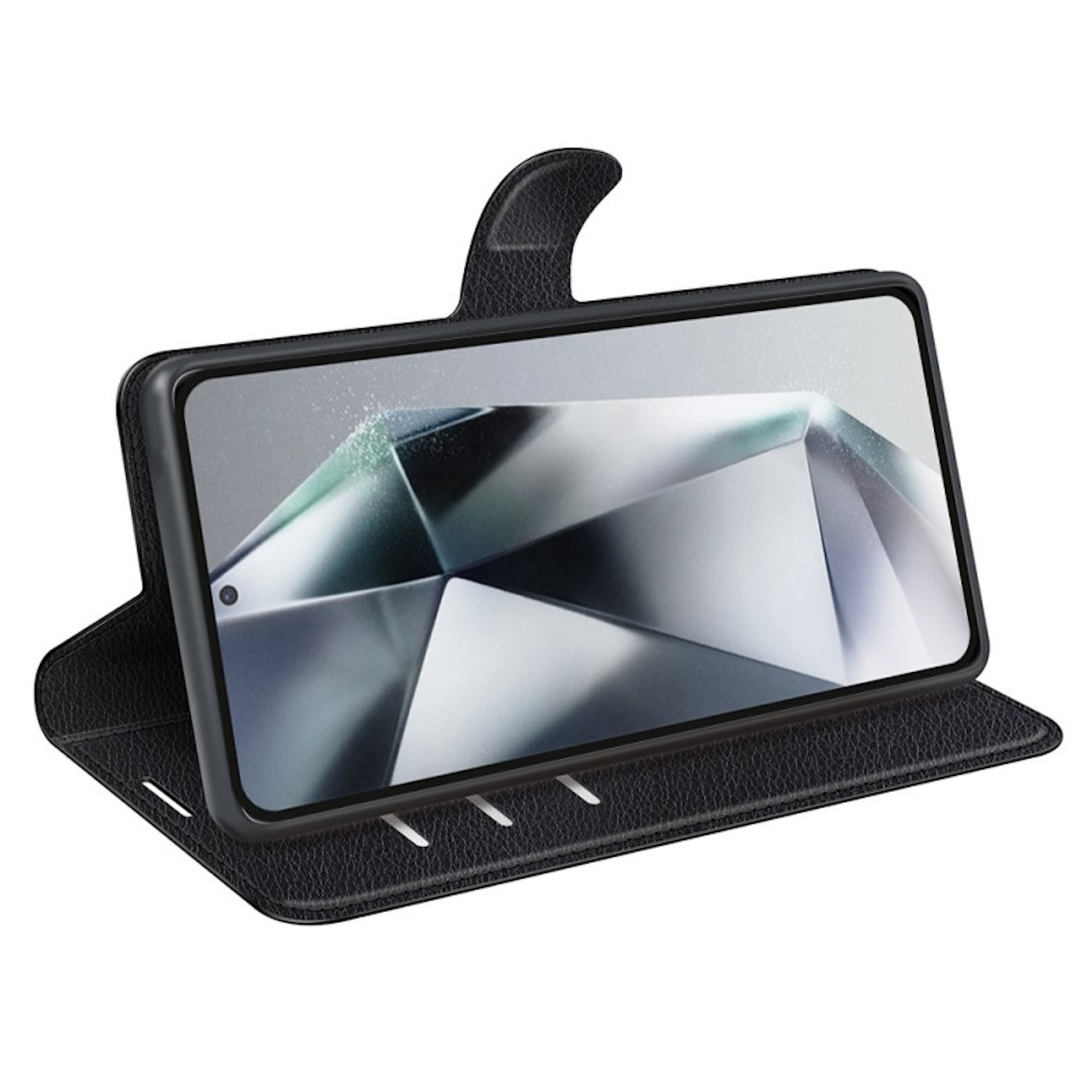 Una funda de teléfono de cuero negro con un teléfono dentro. La funda está abierta.