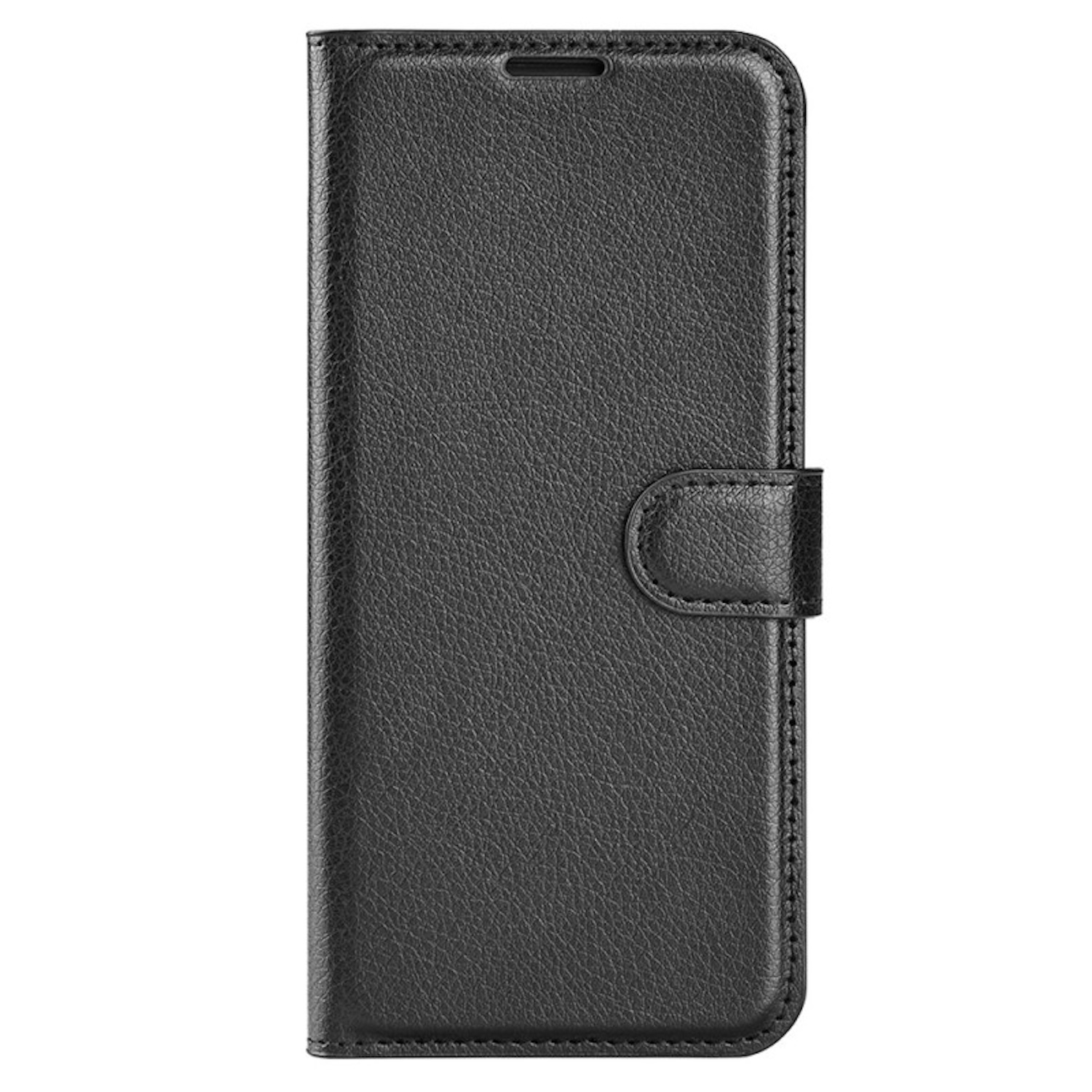 Funda de teléfono de cuero negro con cierre magnético, cerrada. Superficie texturizada.