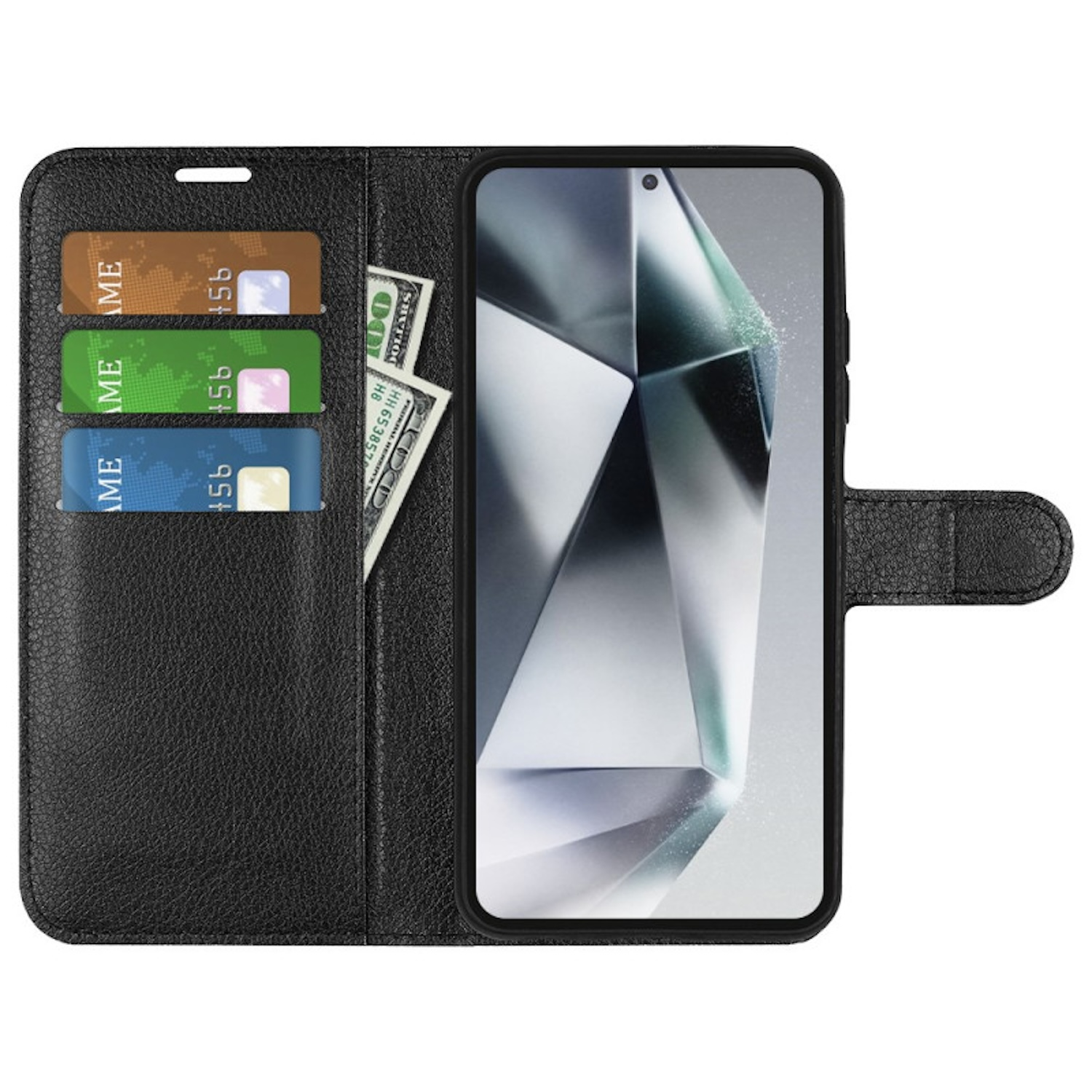 Funda negra para teléfono con diseño de billetera. Cuenta con ranuras para tarjetas de crédito, efectivo y un teléfono.