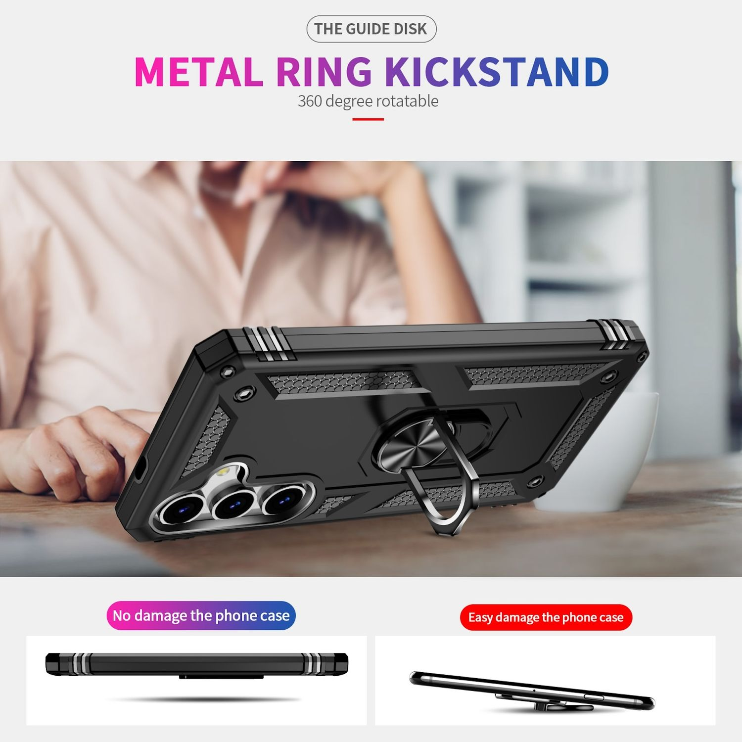 Eine schwarze Handyhülle mit einem Metallring-Ständer auf weißem Hintergrund, mit Textbeschreibungen.